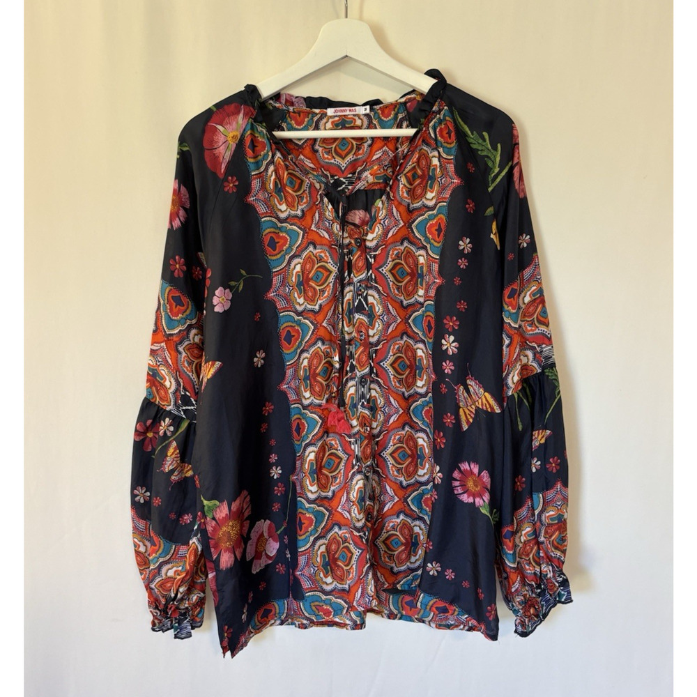 Johnny Was Silk Top Blouse Medium Blue Floral Button Up